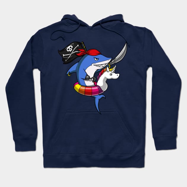 Shark Pirate Riding Unicorn Float Pool Party Hoodie by underheaven